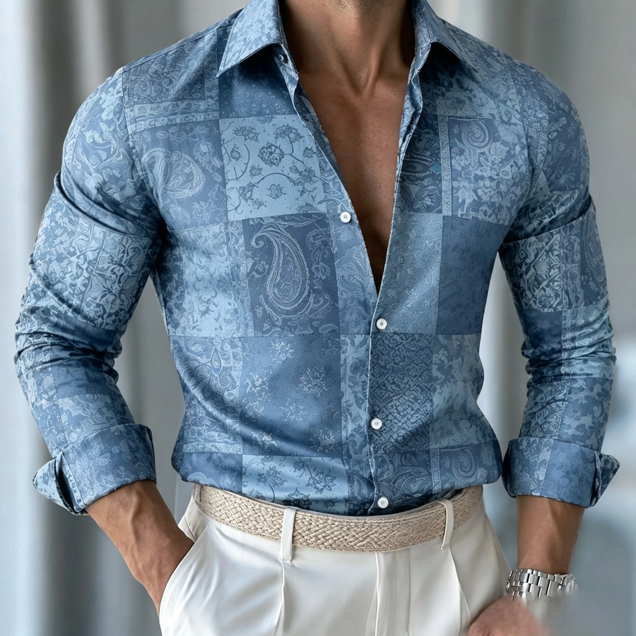 Men's Paisley Patchwork Plaid Long-Sleeve Shirt, Collared Shirt, Retro Casual Luxury Men's Top