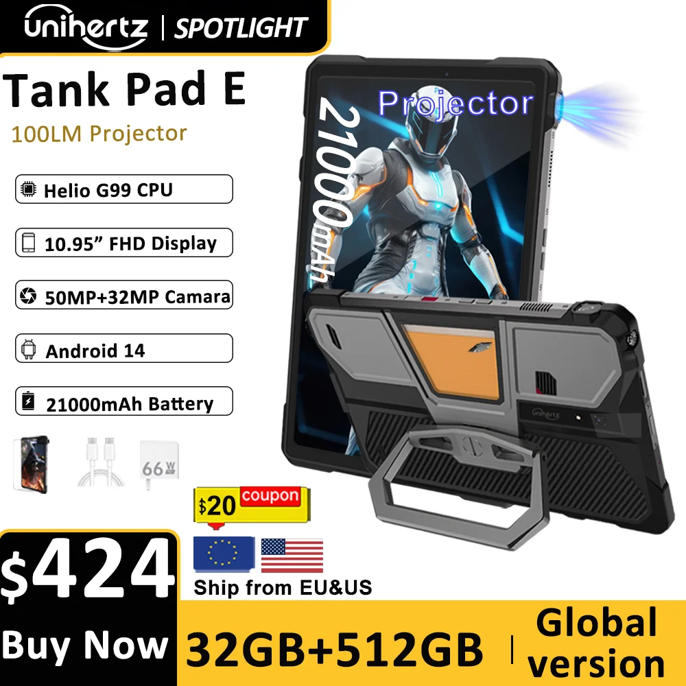 Unihertz 8849 TANK PAD E Rugged Tablet with Projector 21000mAh 120Hz IP68/IP69K 24GB 512GB 66W 10.95 inch Tablet Android 14 4G
