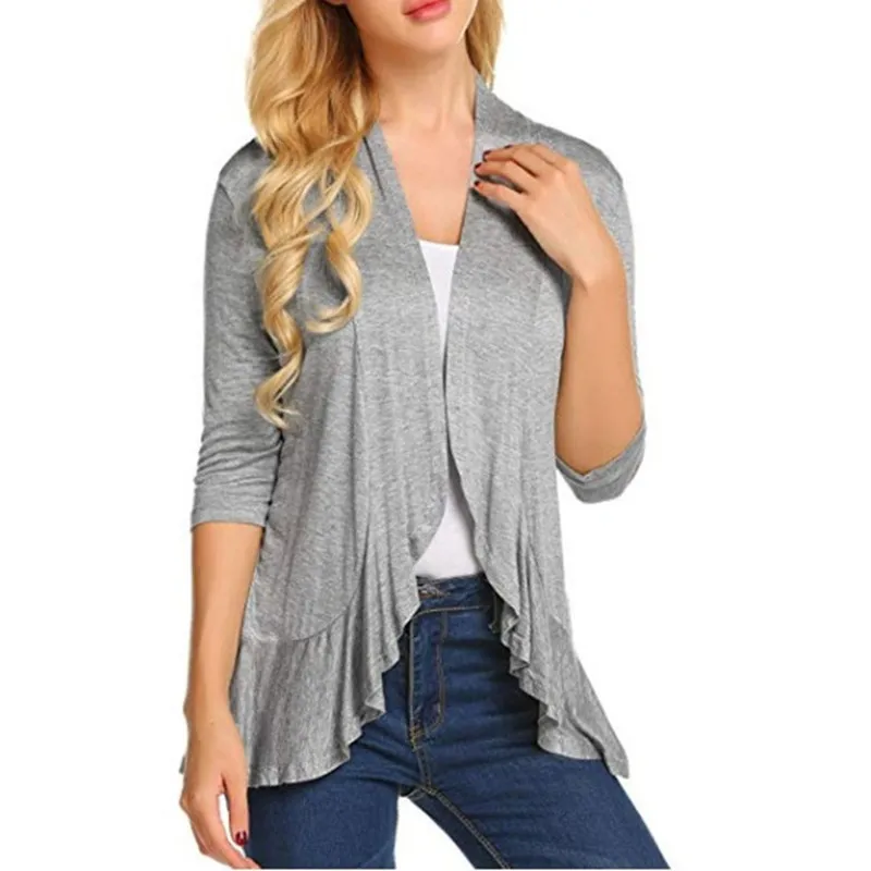 Women Fashion Cardigan Spring Solid Color Cardigan Top Open Stitch Solid Ruffles Female Autumn