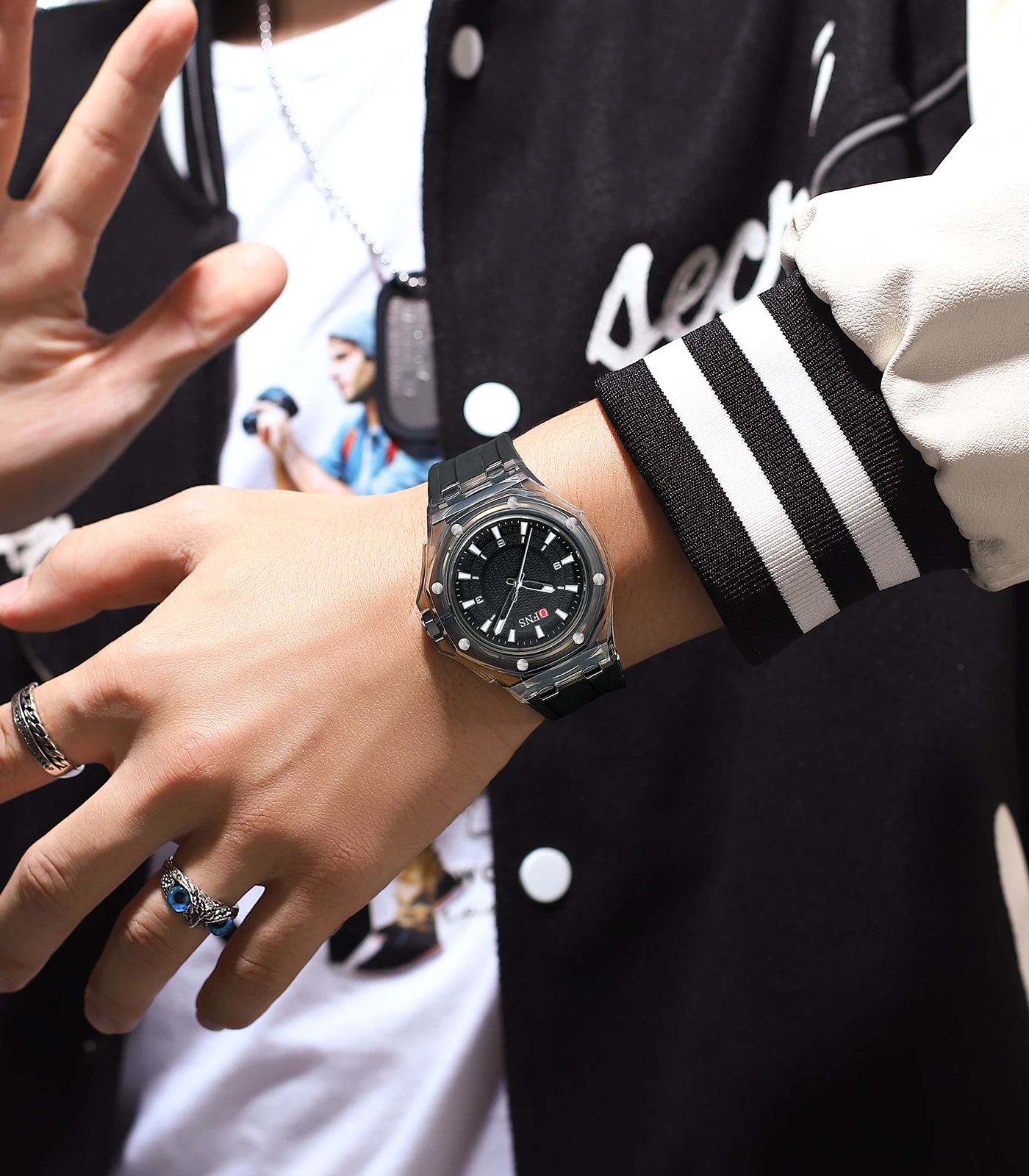 OFNS-reloj de cuarzo con correa de silicona para niño y niña, cronógrafo creativo, transparente, color blanco, rosa y verde, 1608