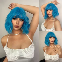 12Inch Cornflower Blue Synthetic Wigs With Bang Short Natural Curly Hair Wig For Women Cosplay Drag Queen Party Heat Resistant