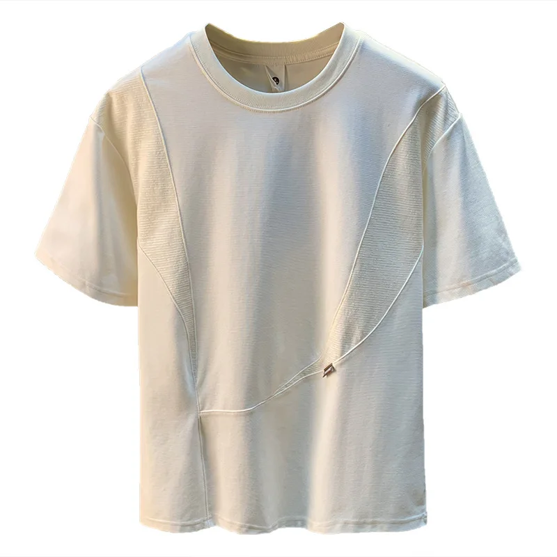 New summer 2025 spliced short sleeved T-shirt for men with a niche design, trendy and versatile casual round neck top