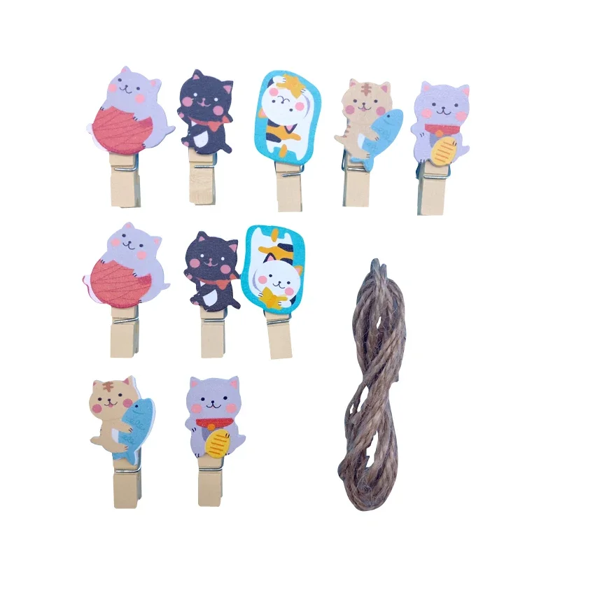 10pcs/lot Decoration Clips Wooden Hemp Rope Clips Mini Wood Clips Lovely Lucky Cat Paper Photo Clip Craft With
