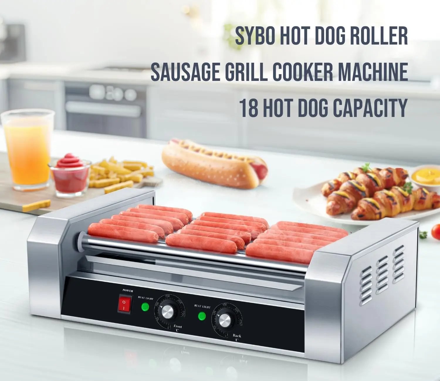 Wałek do hot dogów, 18 Hot Dog 7 Roller Grill Machine ze zdejmowaną tacą ociekową ze stali nierdzewnej, 1000 W, komercyjny G