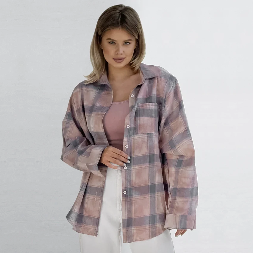 

Linad 2026 Vintage Check Turn Down Collar Shirts With Pocket Street Style Single-Breasted Blouse Woman Casual Plaid Tops Women