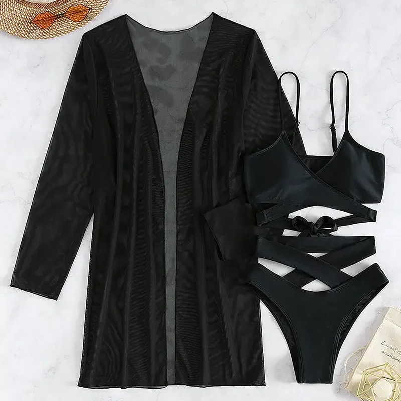 Sexy Black Mesh Cover Up Swimwear Women Cross Bandage Bikinis Set Mujer Micro Thong Swimsuits High Cut Bathing Suits Beach Wear