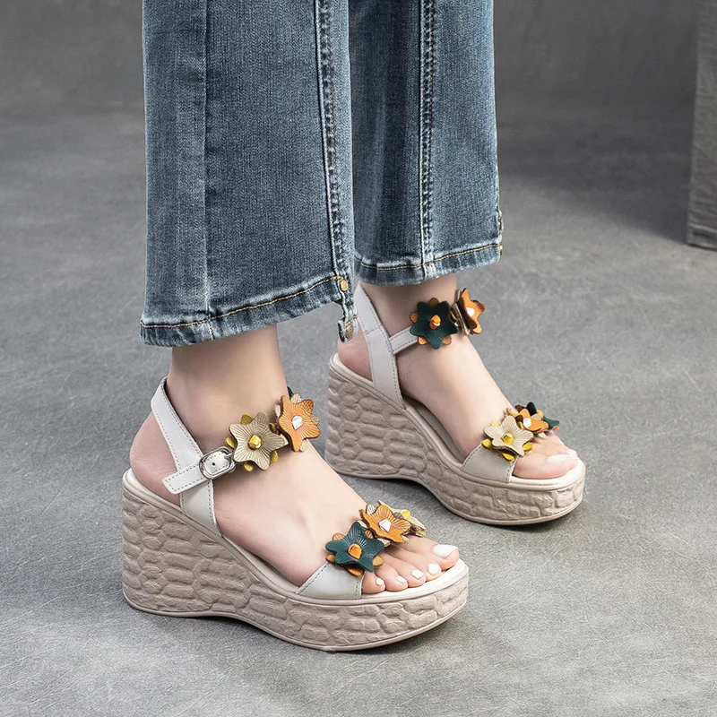 GKTINOO Women Sandals Genuine Leather 2024 New Summer Women Shoes Buckle Strap Retro Wedges Casual Platform Ladies Sandals