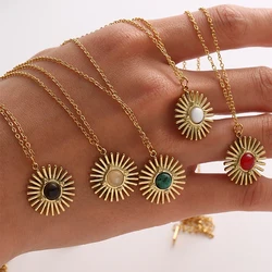 Boho Natural Stone Sun Flower Necklace for Women Bohemian Retro Stainless Steel Necklace Choker Necklaces Fashion Jewelry
