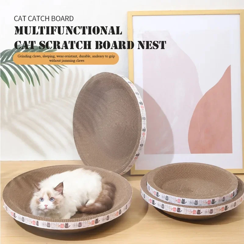 Round Oval Corrugated Cat Scratcher, Wear‑Resistant Cat Scratching Pad Grinding Claw Toy, Multifunctional Cat Bed Nest for Indoo