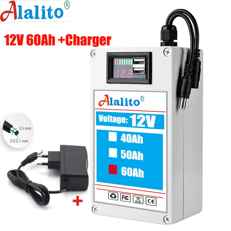 2024 New DC 12V lithium-ion battery, 60Ah large capacity, multi-purpose rechargeable battery+3A charger