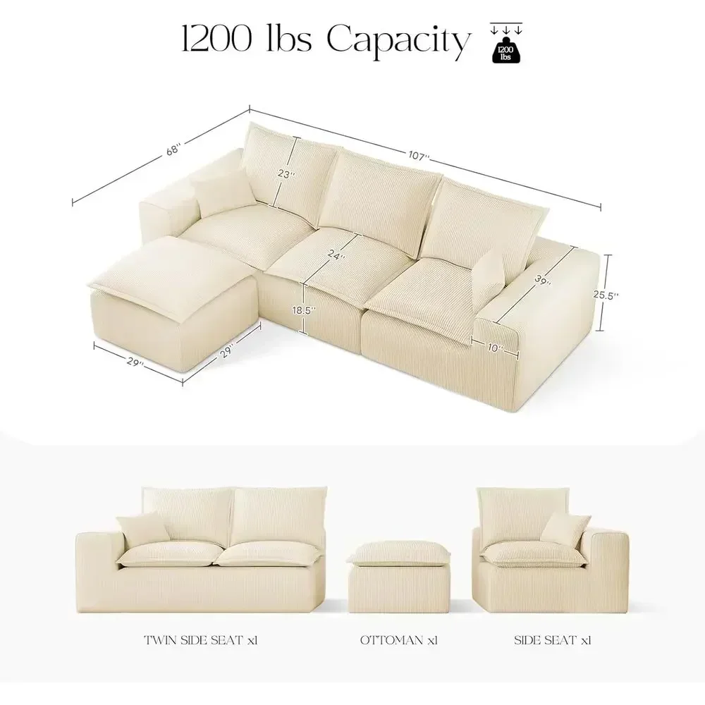 L-Shape Chaise Cloud Couch with Deep Seat, Sectional Sofa in a Box, Ready to Use, Corduroy Beige