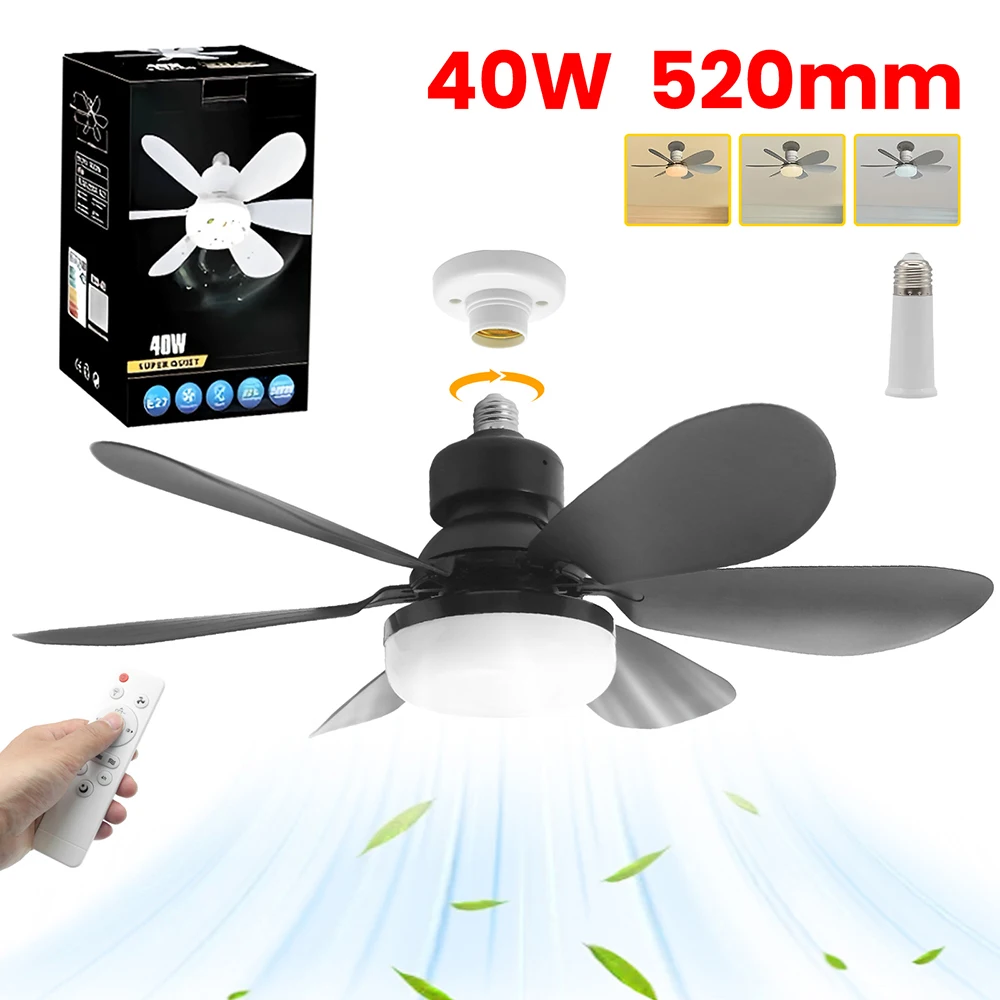 Dimmable LED Ceiling Fan E27 Base 20.5-inch with Remote Control 85V-265V 3000K 4000K 6000K Black White Living Room Ceiling Decor