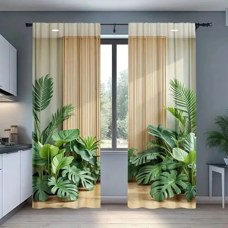 VIKAMA Tropical Rainforest Blackout Curtains Monstera Palm Leaf Design Living Room & Master Bedroom Bay Window