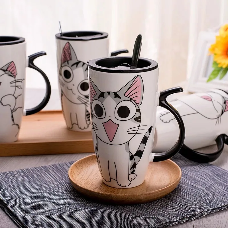 Drinkware 600ml Creative Cat Ceramic Mug With Lid Spoon Beer Cup of Coffee Original and Funny Cups to Give Away Couple Gift Mugs