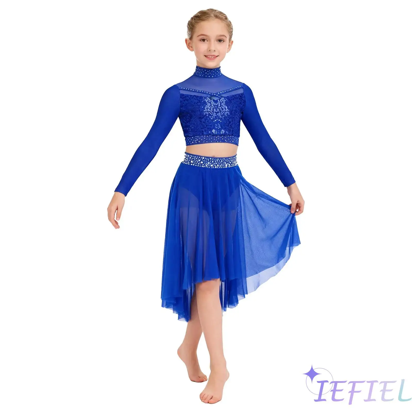 

Kids Lyrical Modern Dance Outfit Long Sleeve Sheer Mesh Crop Top with Skirt Girls Contemporary Ballet Jazz Dance Costumes Set