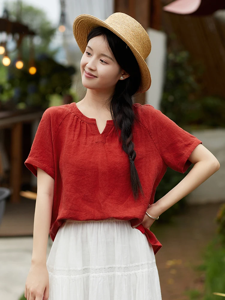 

Льняная футболка с V-образным вырезом и вставками на плечах, женская, летняя, модная, для повседневной носки, однотонная, свободного кроя, рукав три четверти, с эффектом похудения