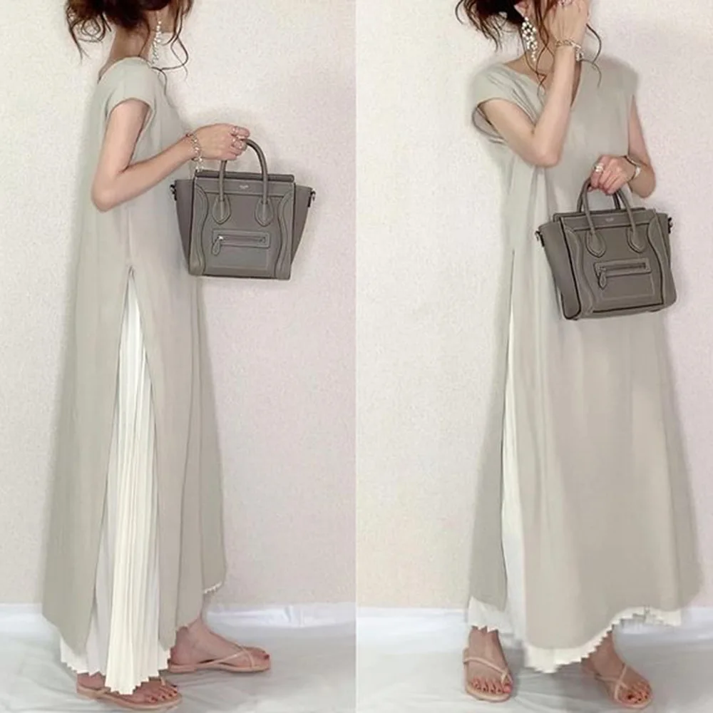 

3-color Summer Artistic Solid Color Simple Loose Plus Size Splicing Large Swing Short Sleeved Dress for Women Robe Vestido Women