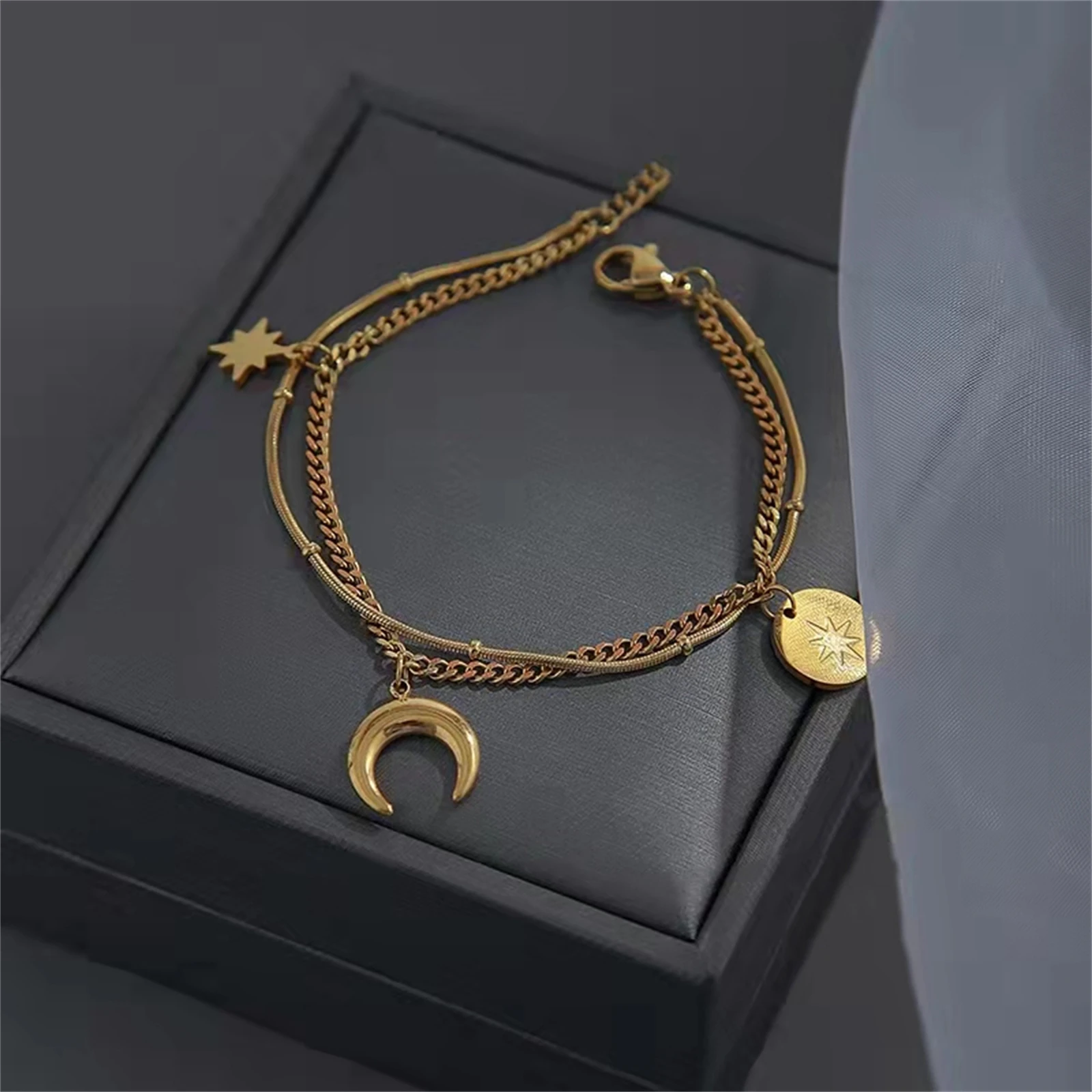316L Stainless Steel Vintage Star Moon The Sun Pendant 2-Layer Charms Chain Bracelets For Women Fashion Fine Jewelry Gifts