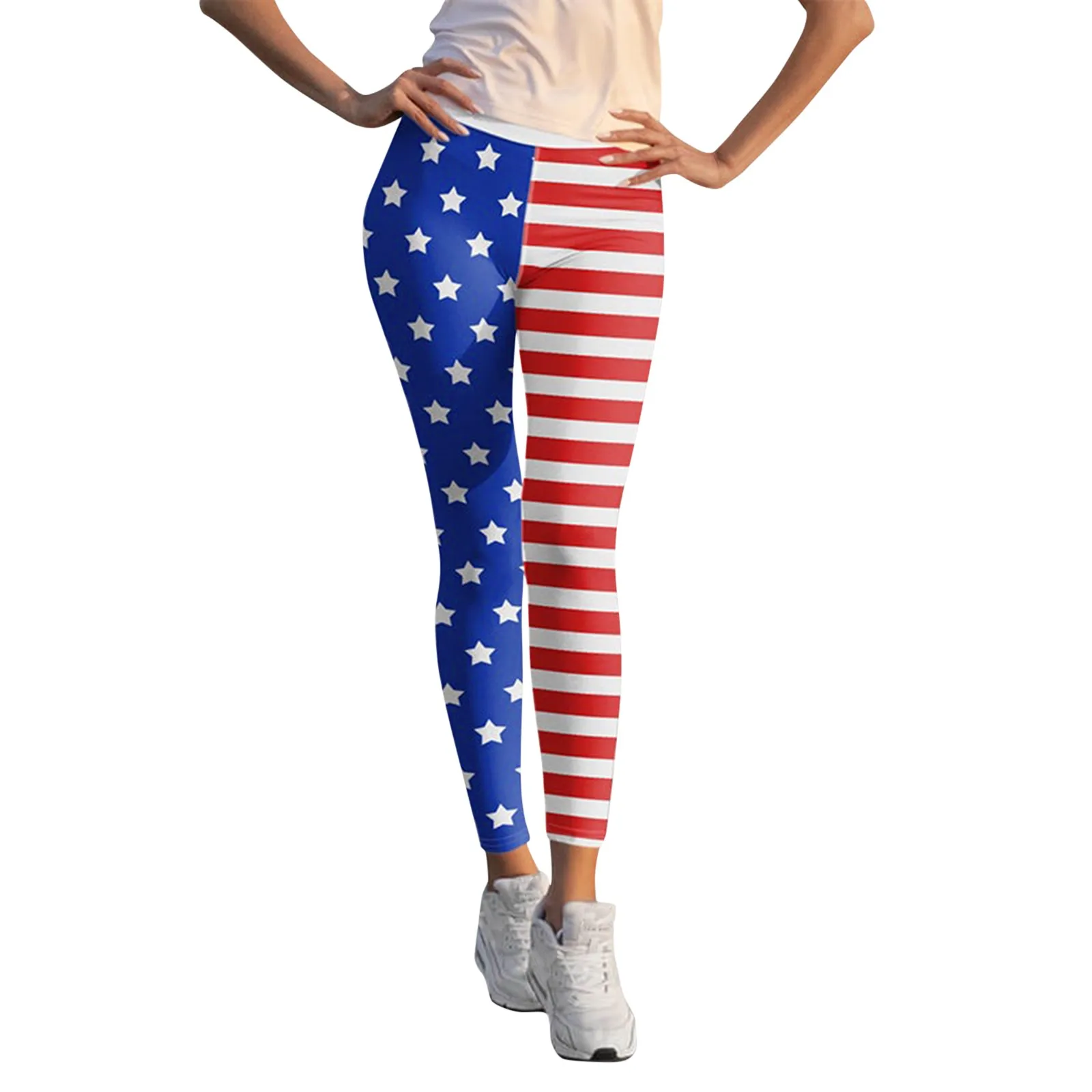 Celana legging ketat wanita, celana perempuan pinggang tinggi, elastis, gambar bendera Us, celana panjang wanita