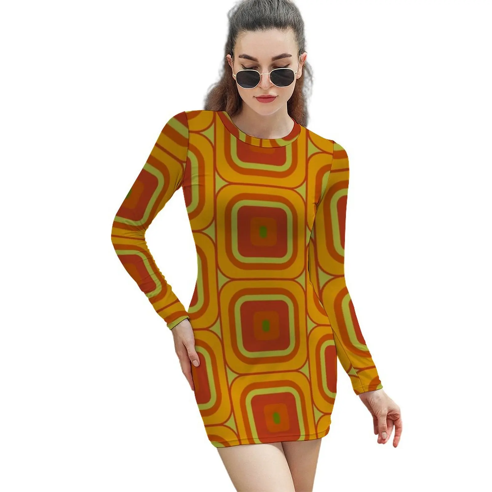 

70s Geometric Design Long-Sleeved Sheath Dress summer outfits for women 2024 prom clothes