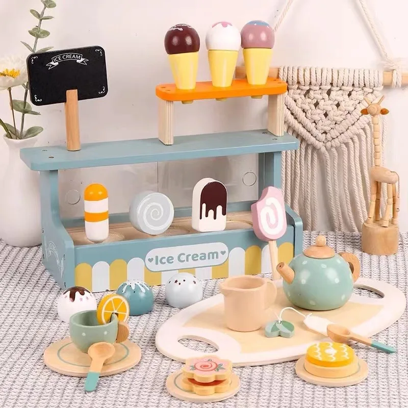 Montessori Sorting Stacking Toy Wooden Role Play Ice Cream Toy Tea Set Kitchen Play House For Toddlers Education Game
