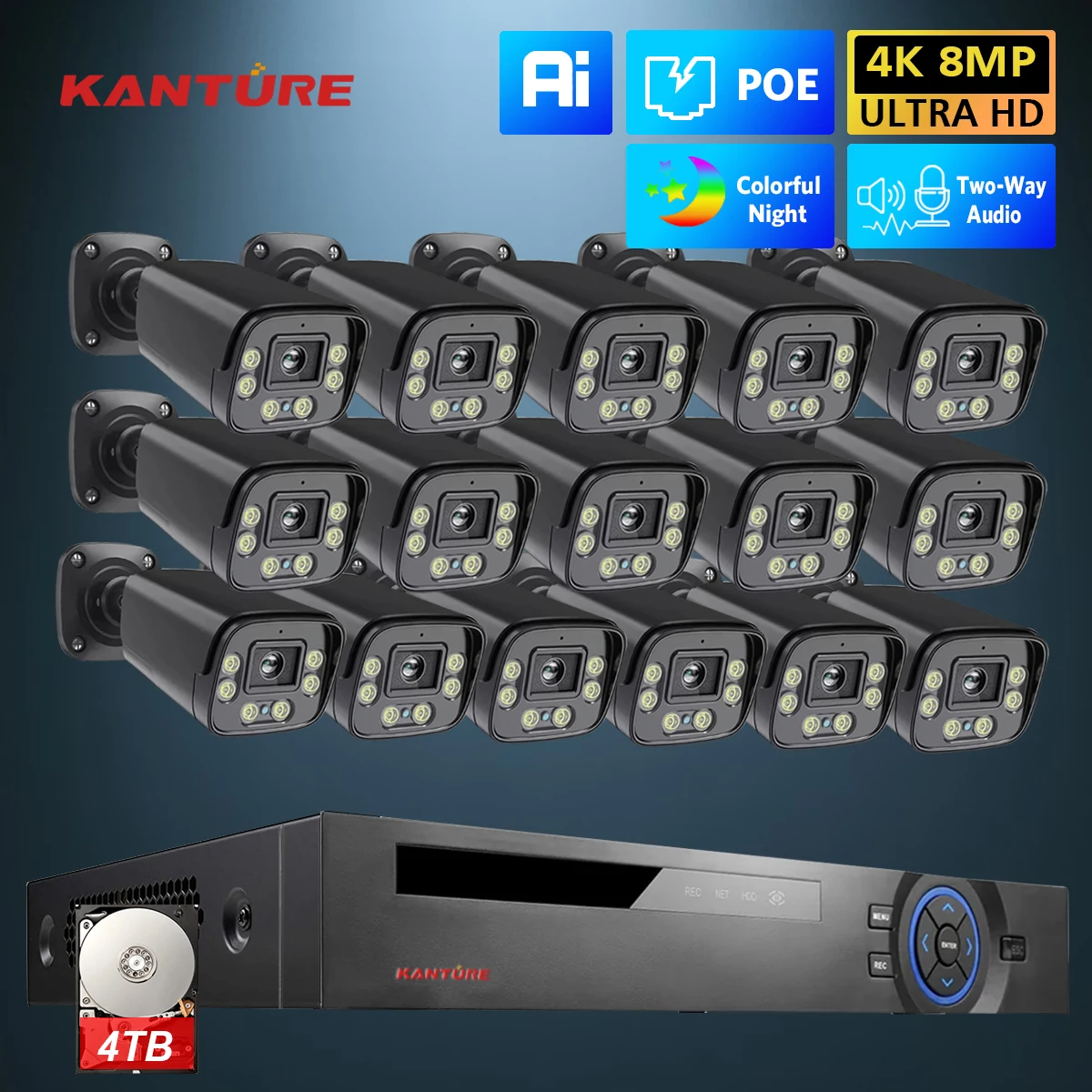 

KANTURE 16CH 4K POE NVR System 8MP Two-Way Audio Indoor/Outdoor Security IP Camera Kit Colorful Night Vision Video Surveillance