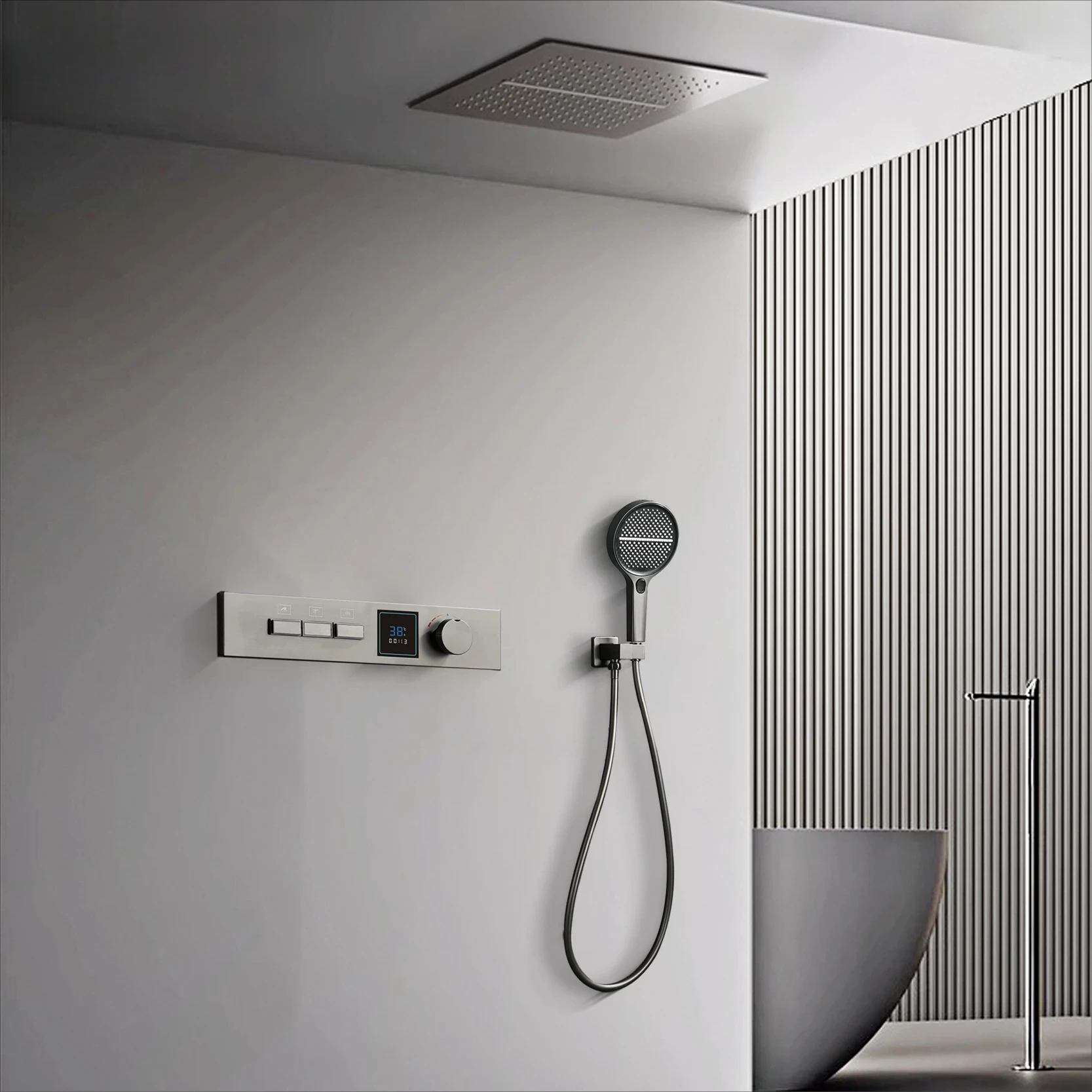 Luxury Bathroom Gunmetal Brass LED Temp Display Shower Sysetem Ceiling- Embedded 2 function Rainfall/waterfall Bath Fixtures