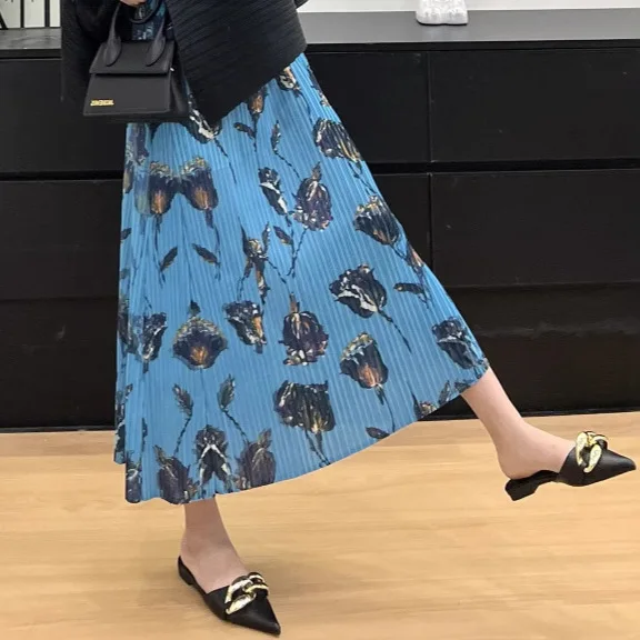 Miyake Modna Casualowa Uniwersalna Spódnica Miyake Elastyczna Talia Plisowana Damska Drukowana Luźna Spódnica do Połowy Łydki Nowość na Lato 2025