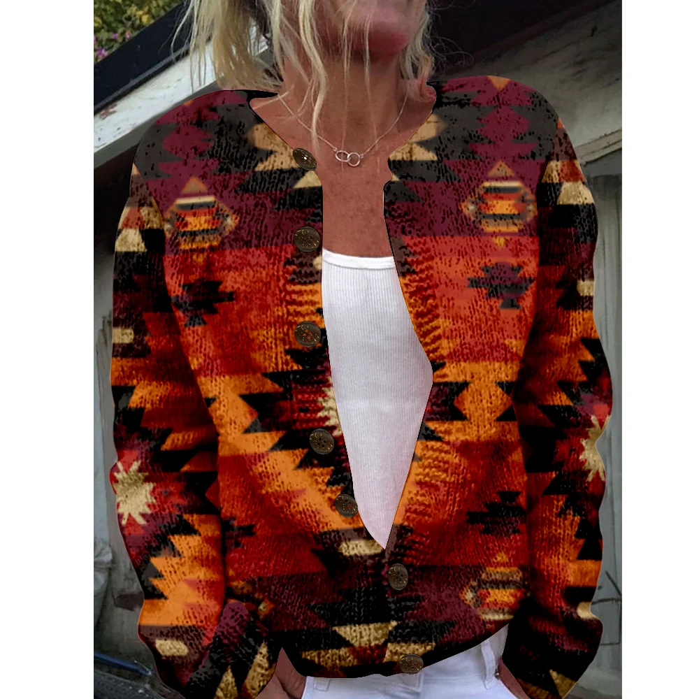 

Свитер с этнической геометрией, осенне-зимний вязаный кардиган, женские свитера, вязаный топ, повседневные крутые джемперы, модная уличная одежда