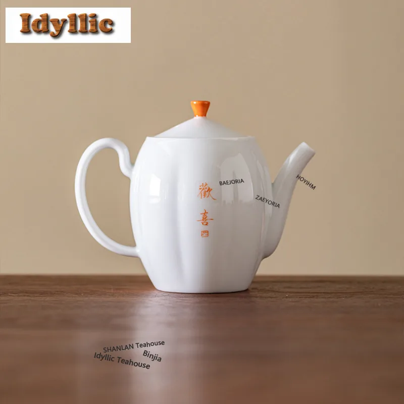 

110ml Sweet White Glaze Handwritten "joy" Teapot Handmade Tea Infuser Pot Tea Making Kettle With Ball Hole Tea Ceremony Gifts