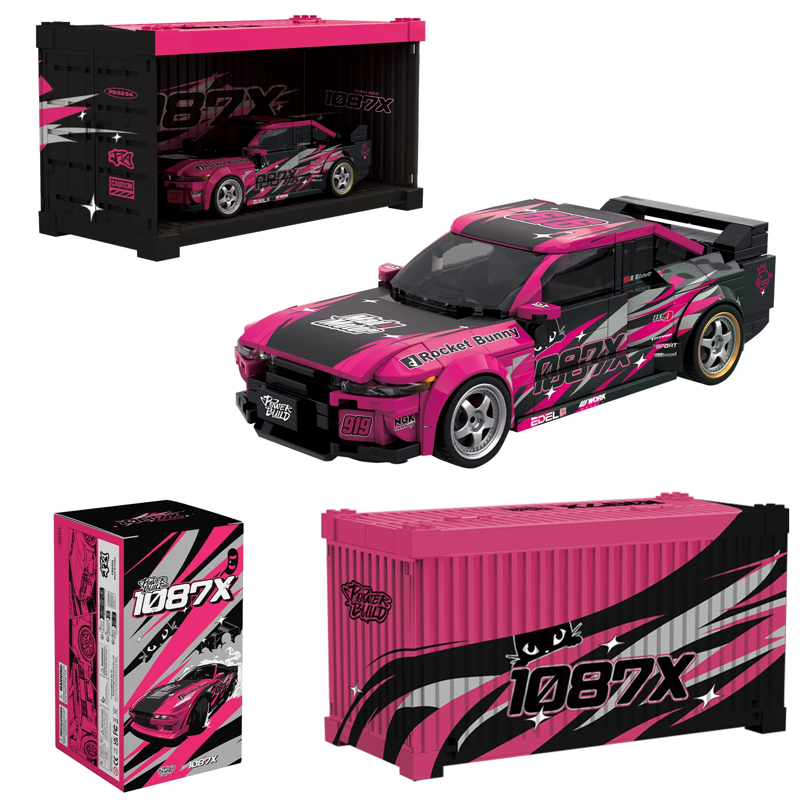 

PB8854 1087X Series 8Grid Car Building Kit MOC Technical Bricks With Custom Stickers for Display Model