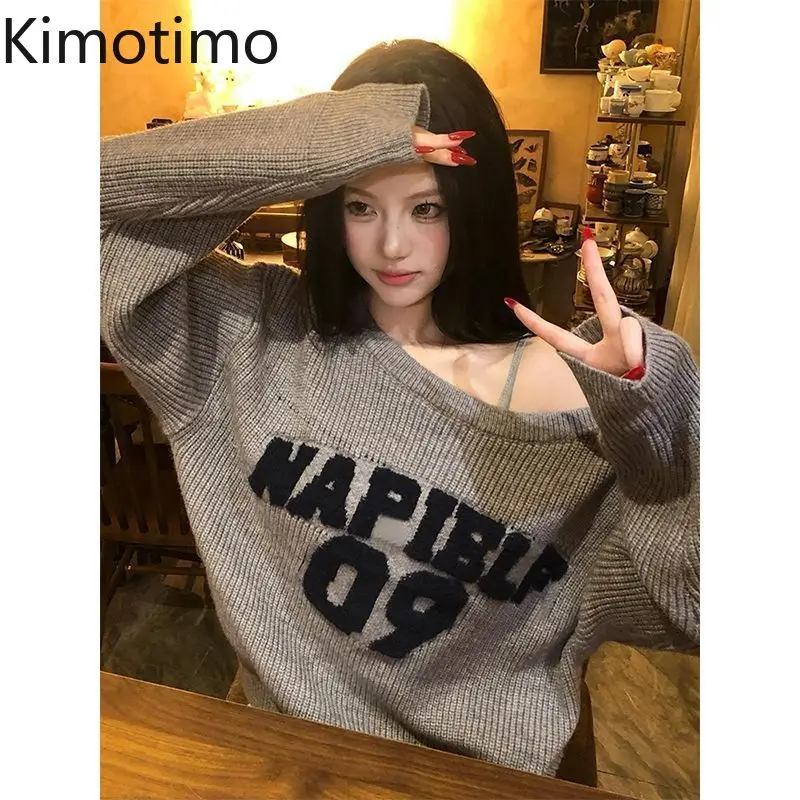 

Kimotimo Gray Letter Jacquard Off Shoulder Sweater Women 2025 Autumn Winter Lazy Loose Long Sleeve Knitted Pullover Casual Tops