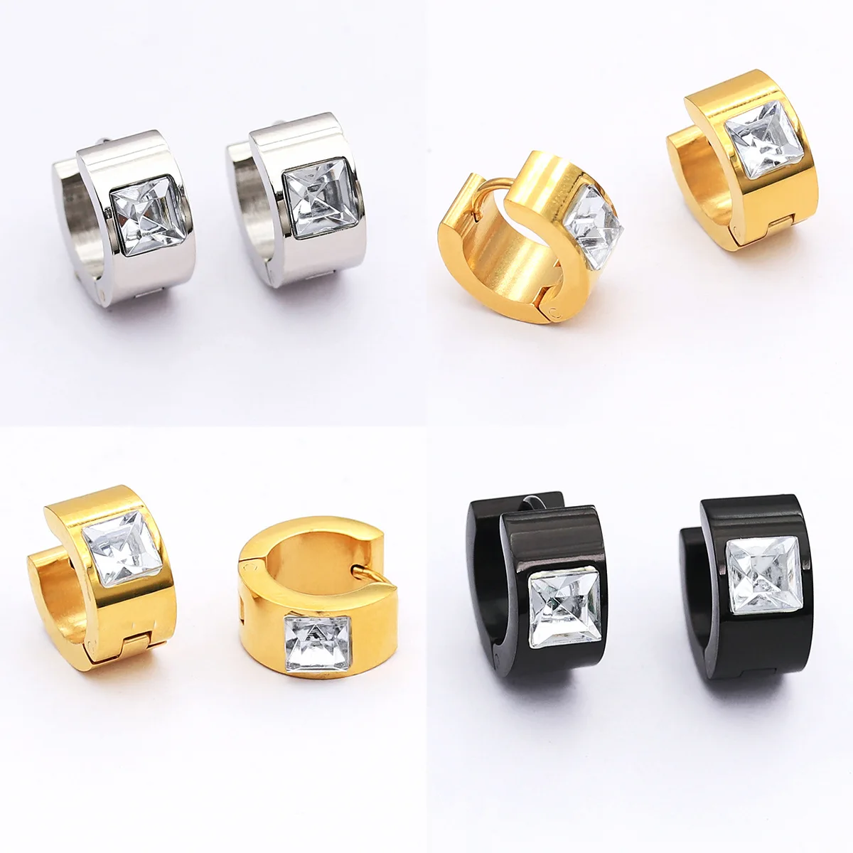 Klobige schwarze CZ Edelstahl-Creolen-Set für Damen – Modischer Piercing-Schmuck für Herren – Trendige Neuheit – Detail 3