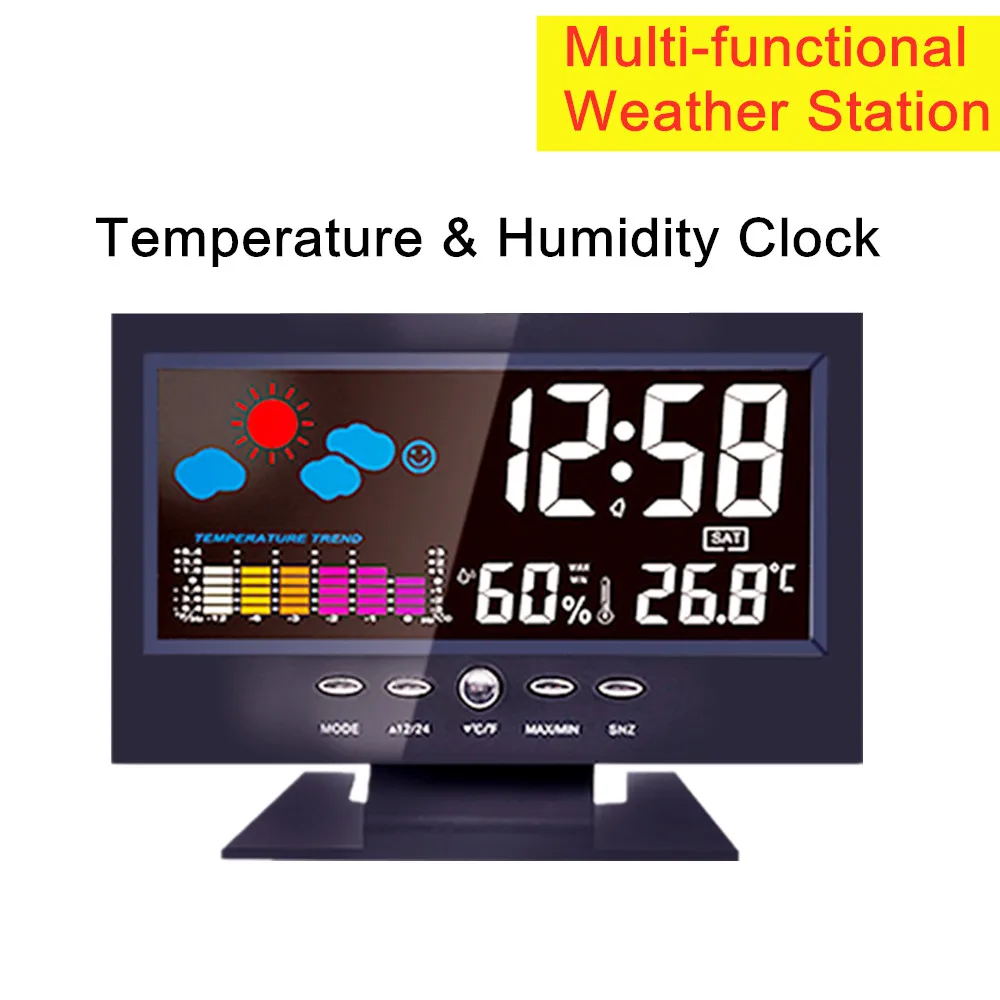 Multi-Functionele Weerstation Klok Thermometer Hygrometer Kalender Digitale Lcd Display Temperatuur En Vochtigheid Meter