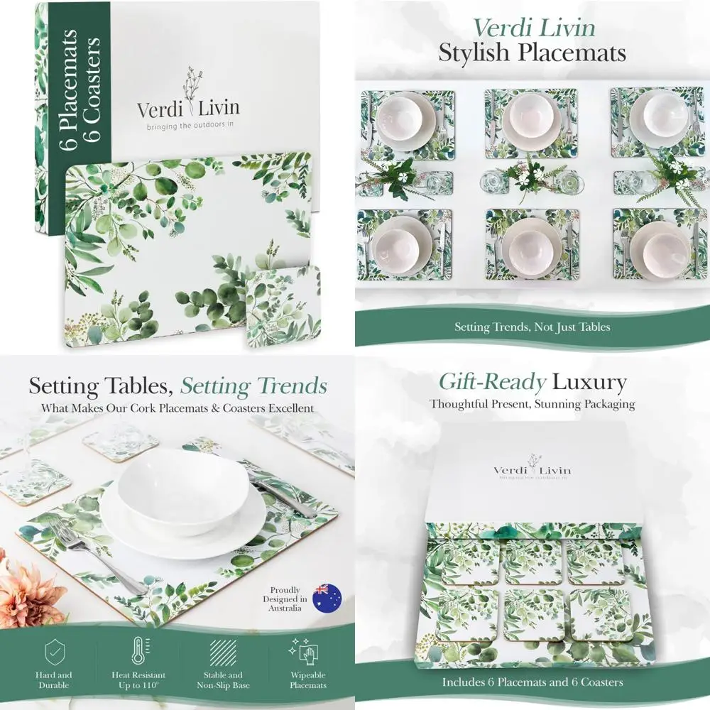 

Heat Resistant Cork Placemats Set of 6, Matching Coasters, Dining Table Protection, 16x12 Inches, Wipe Clean Green Leaf Design