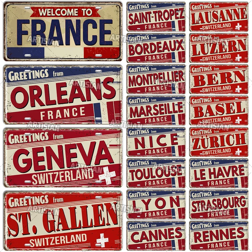 Artisian FRANCE License Plate SWITZERLAND Metal aluminum Sign Landmark City State Decorative Plaque Wall Decor Garage Bar Pub