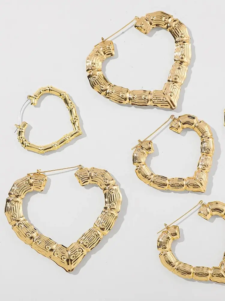 3 Pairs Oversized Hollow Heart Hoop Earrings Set for Women Exaggerated Gold Color Bamboo Piercing Earring Statement Jewelry Punk