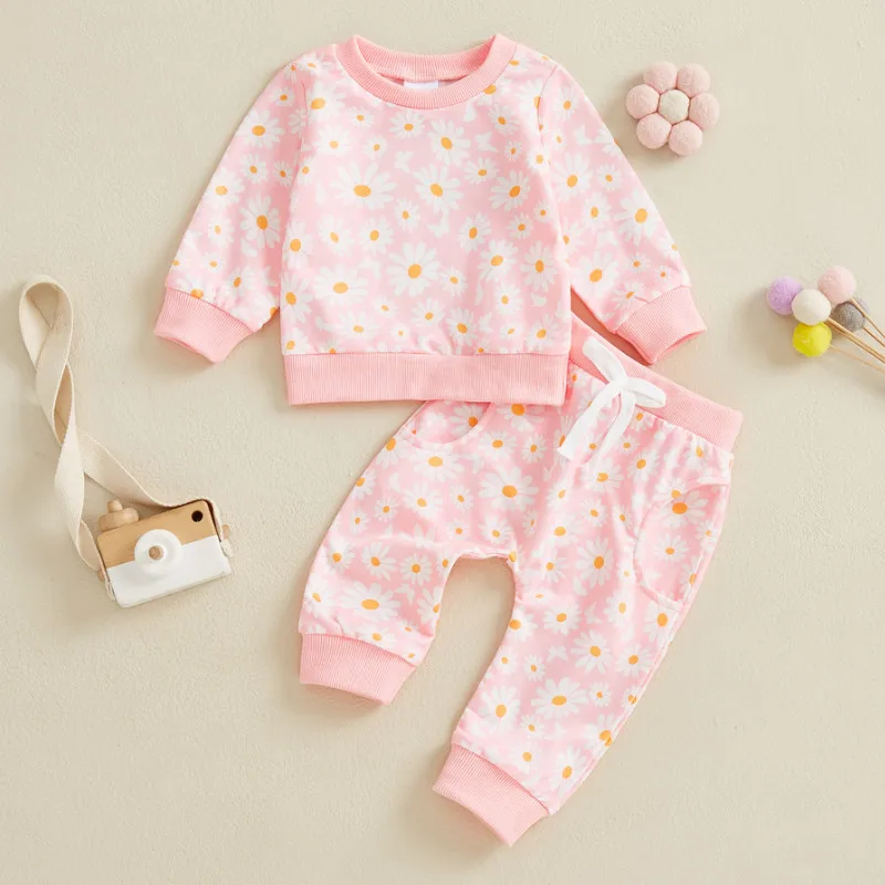 

0 to 3 Years Baby Girl Daisy Pant Sets Spring Autumn Clothes Long Sleeve Sweatshirt Elastic Waist Pants with Pockets