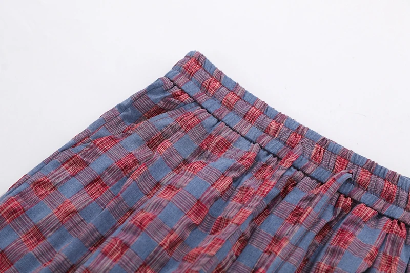 Kreppige, strukturierte, karierte Wide-Leg-Hose in Blau-Rot mit elastischem Bund, Lounge-Hose, Oversize-Vintage-Preppy-Freizeithose – Detail 10