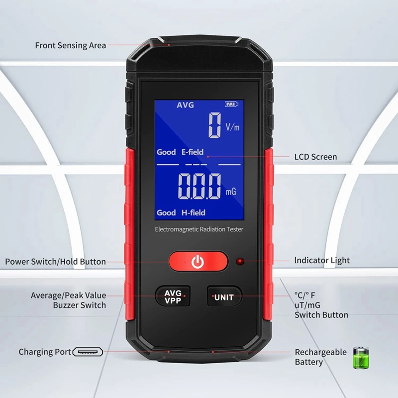 Pendeteksi radiasi elektromagnetik EMF, EMF Meter detektor radiasi elektromagnetik Digital dapat diisi ulang Tester EMF elektrik/pengukur medan magnetik