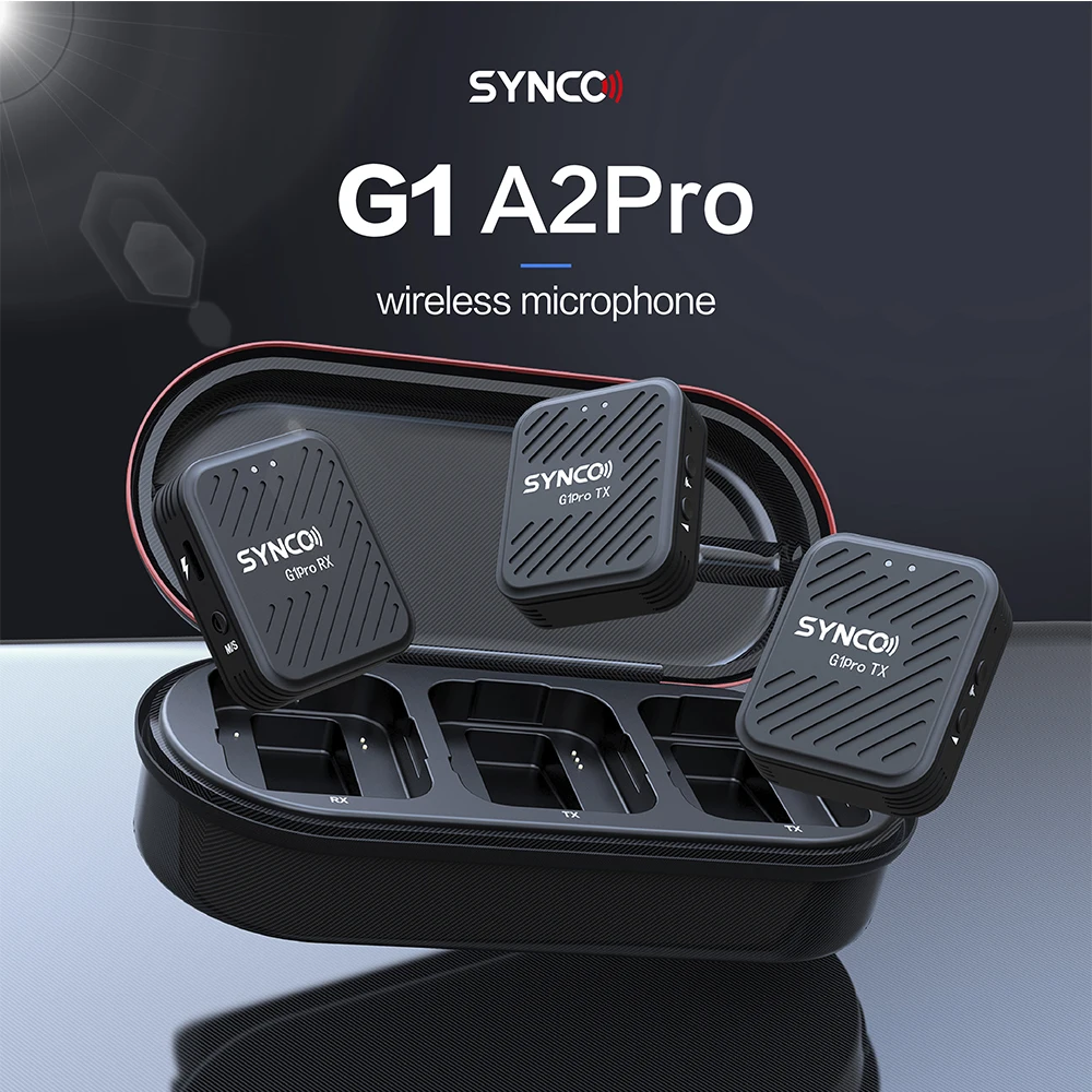 SYNCO G1A2Pro ميكروفون لافالير لاسلكي 150 متر ميكروفون ذو طية صدر السترة بدون ضوضاء مع صندوق شحن للهاتف الكاميرا