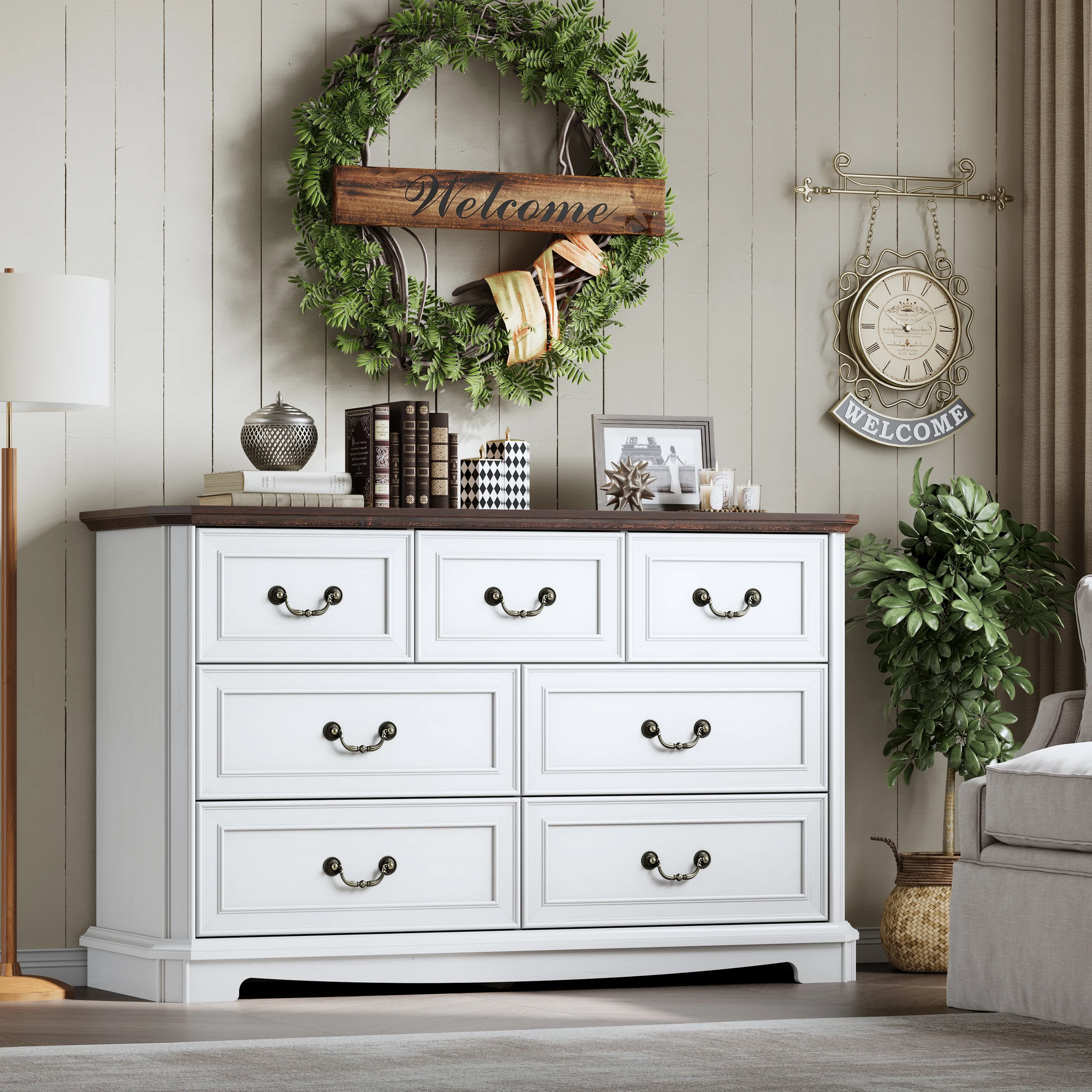 Boerderijdressoir voor slaapkamer met 7 lades, houten vintage dressoir tv-standaard voor woonkamer, hal