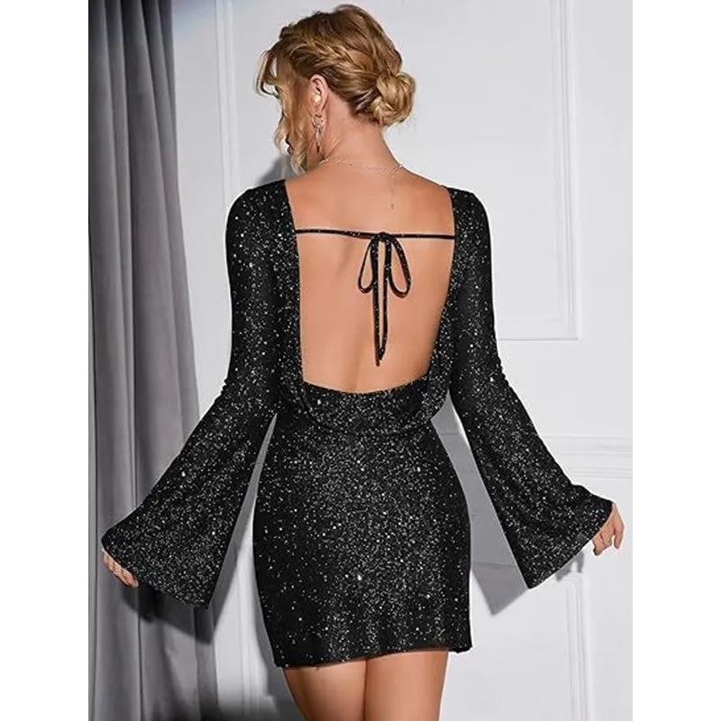 

Spring Summer New Fashion Sexy Office Lady Long Sleeve Shiny Silver Wire Dress Wrap Hip Mini Skirt Girl Nightlub Cloting Dr32