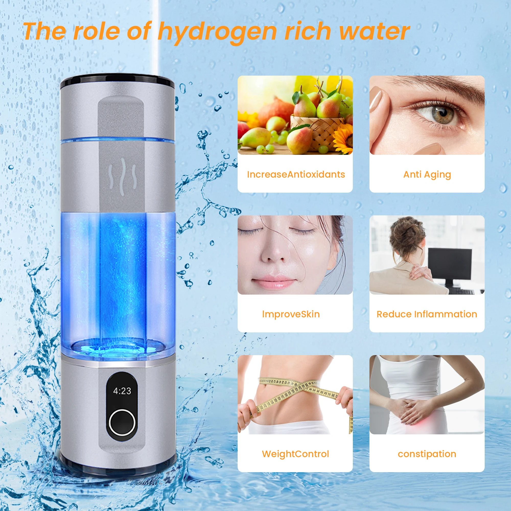 

Hydrogen Water Bottle,Food Grade Body Tumbler; SPE/pem Technology,5000ppb Pure Hydrogen Rich Concentration. Dupont Membrane