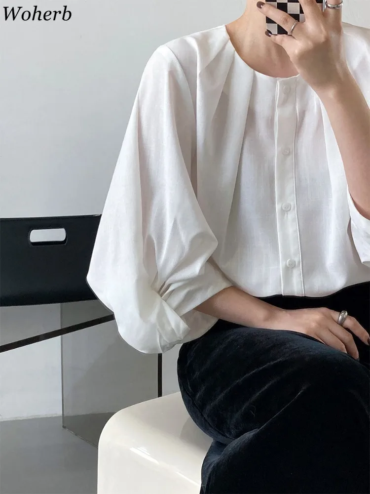 2024 Camisas De Mujer Lantern Sleeve Loose Shirts Summer Single Breasted Blouses Fashion Vintage Pleated Temperament Blouse Tops