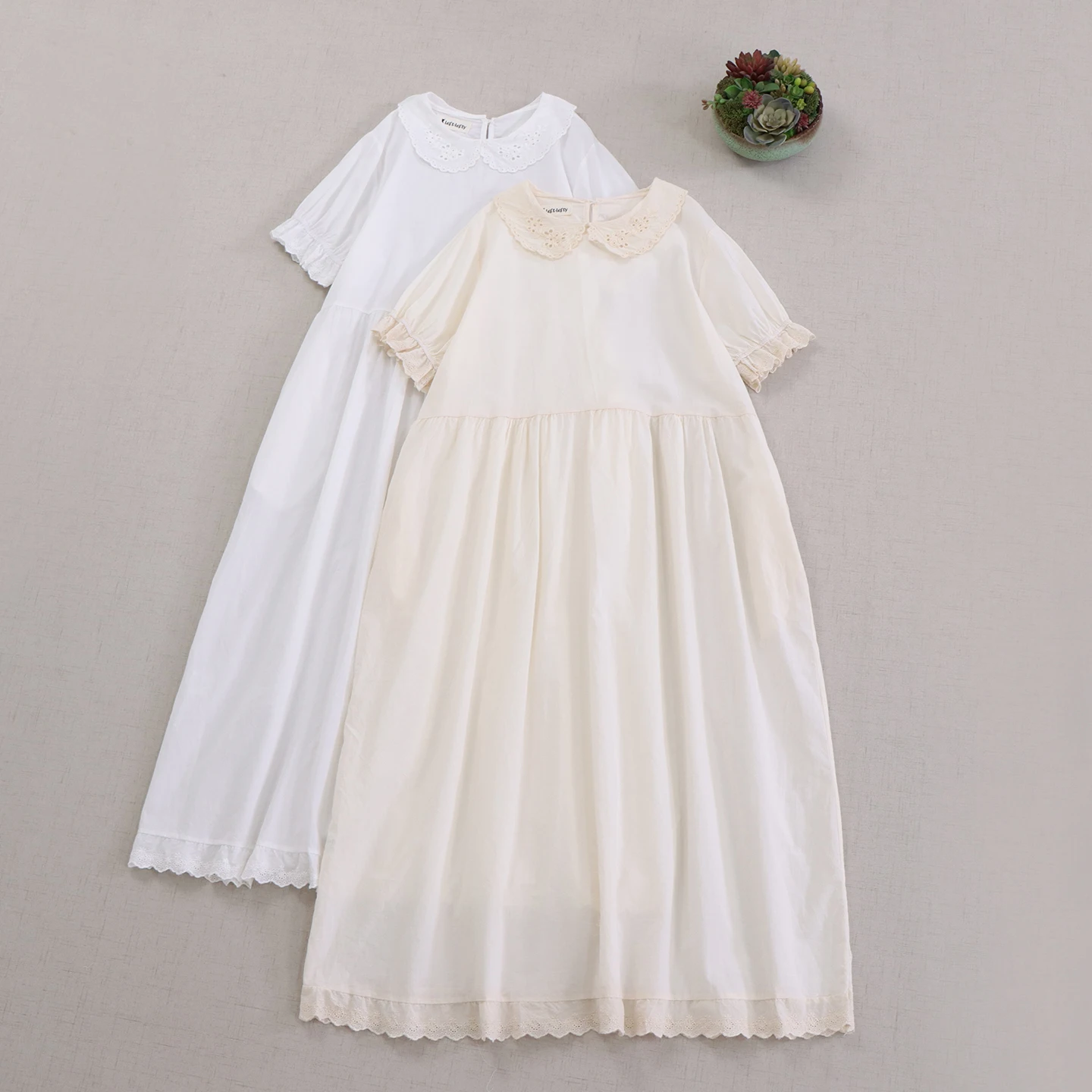 

Japanese Sweet Mori Girl Solid Color 100% Cotton Dess Women Summer Cute Peter Pan Collar Casual Loose A-Line Midi Dresses