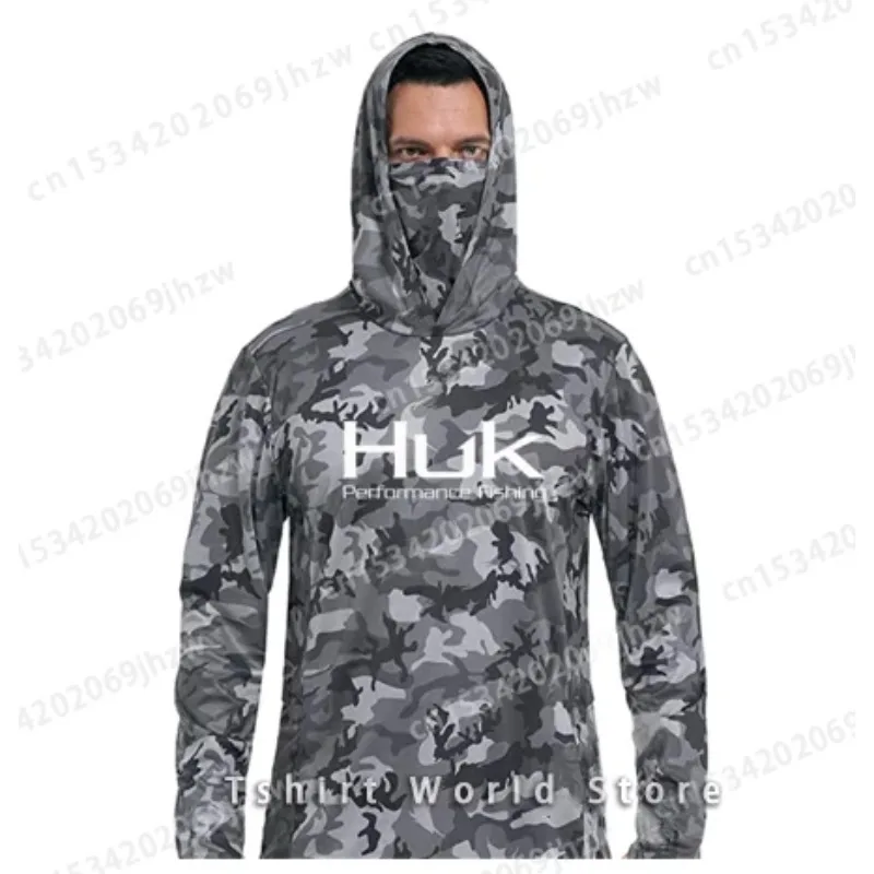 

HUK Fishing Shirts Outdoor Summer Long Sleeve Hoodie UPF 50+ T-shirt Tops Sun Protection Jersey Men's Face Mask Fishing Clothes