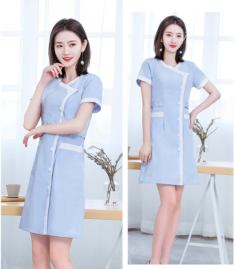 Nurse Summer Workwear Women Front Opening Slim Fit Skincarer Working Uniform Middle Sleeve Spa Clothes Pink Color