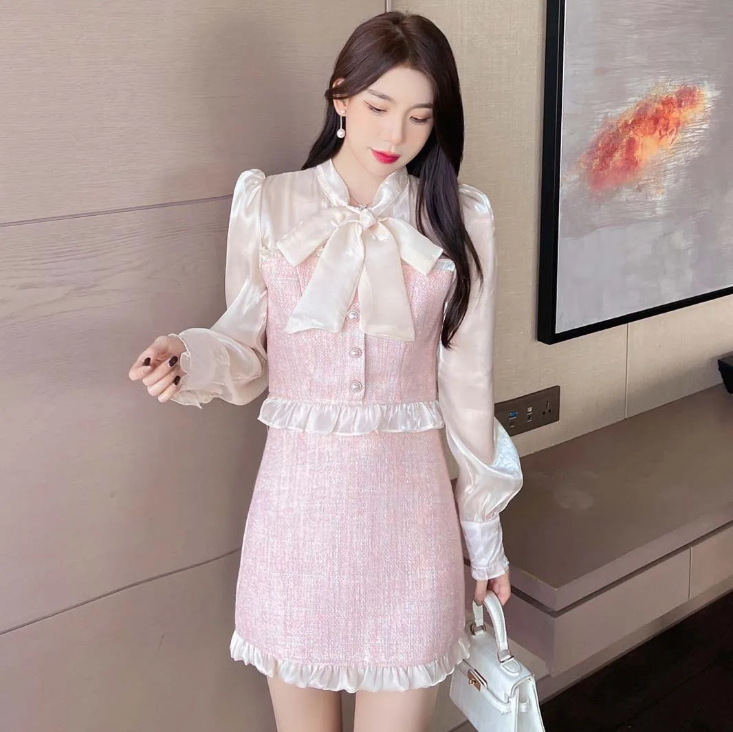 

Runway Fall Winter Women's Chiffon Patchwork Bow Tie Ruffle Top Coat + High Waist Luxury Tweed Mini Skirt 2 Pieces Set Suit