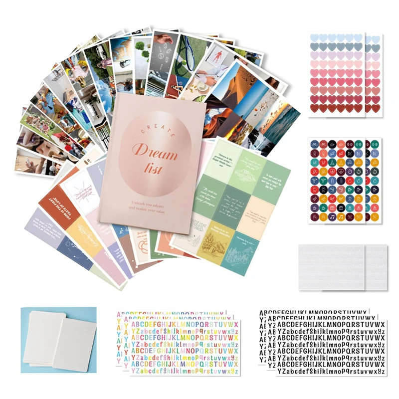 Inspirational Vision Board Kit With Alphabet Stickers & Themed Cards - DIY Scrapbooking Set For Realizing Hobbies & Travel Goals